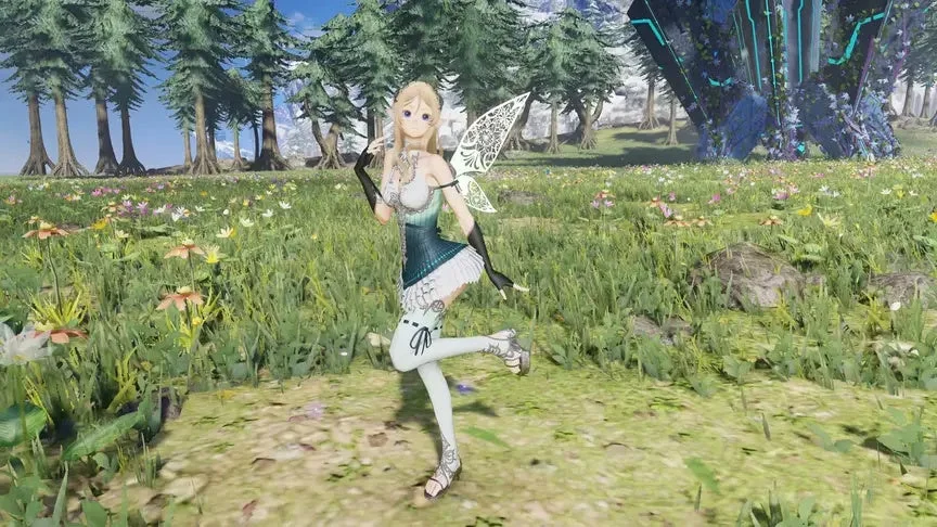 エルフ、妖精、ファンタジー、アニメ風、3Dモデル、キャラクター、花畑、草原、森、木、屋外、ビデオゲーム、金髪、羽、ドレス、手袋、ストッキング、サンダル