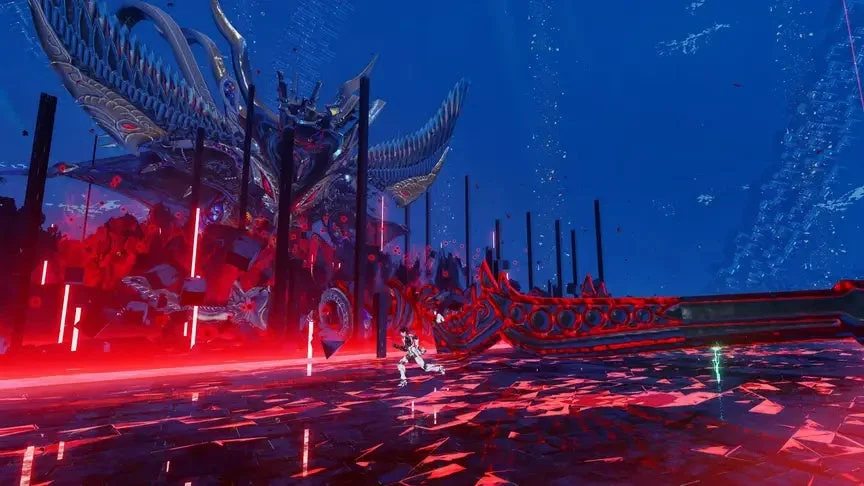 SF、ファンタジー、ゲーム、ボス戦、巨大構造物、赤い光、異世界、アクション、キャラクター、未来