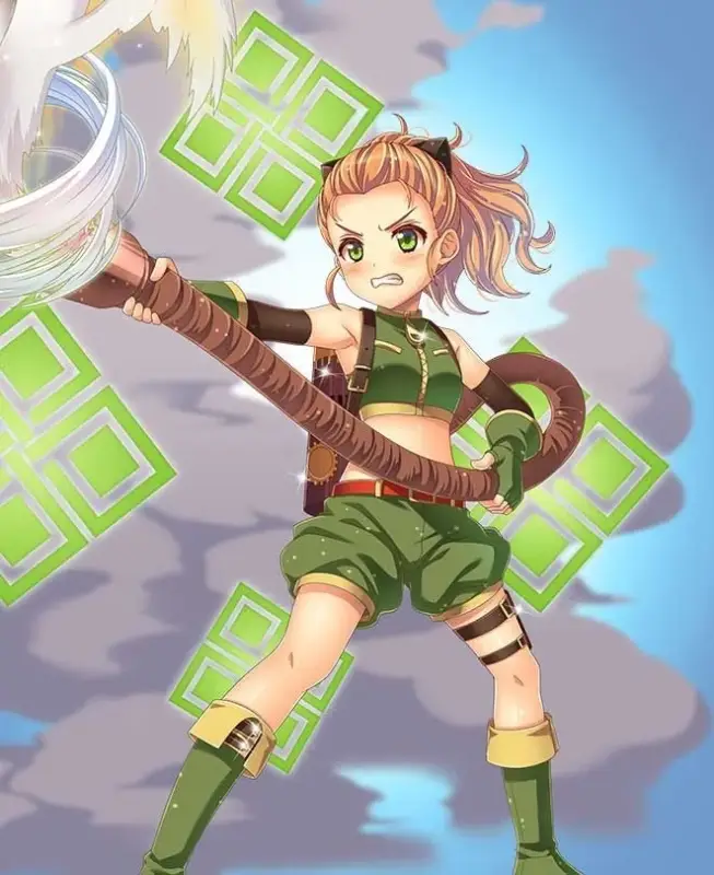 緑色の衣装を身につけたアニメ風の少女が、風を操るような武器を構え、強い表情で立っているイラストです。背景には空と雲、そして浮遊する緑色の四角いオブジェクトが描かれています。