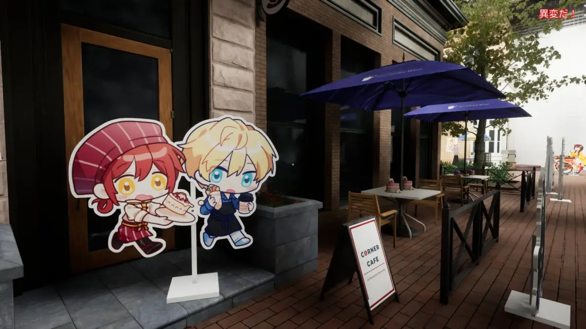 カフェ風の会場にキャラクターパネル