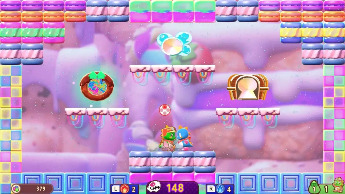 カラフルなキャンディテーマの2Dパズルゲーム画面。可愛らしいキャラクターがマカロンブロックの上に立ち、ポータルや宝箱、様々なアイテムが配置されている。UIにはスコアや残機も表示。