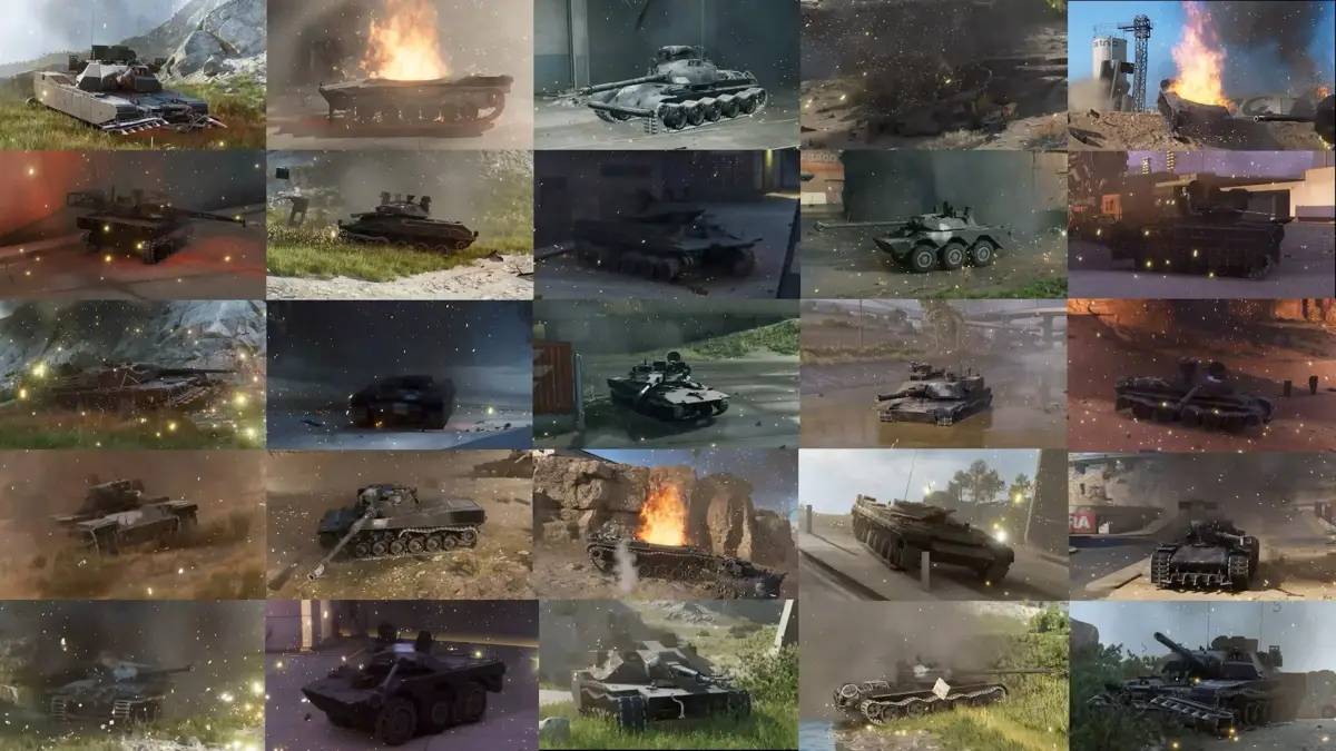 複数の戦車が戦闘中や破壊された状態の画像