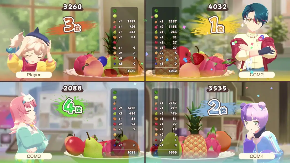ゲームの対戦結果画面。4人のプレイヤー（Player, COM2, COM3, COM4）の順位とスコアが表示されており、それぞれが獲得したフルーツの種類と数が詳細に示されています。アニメ調のキャラクターが特徴です。