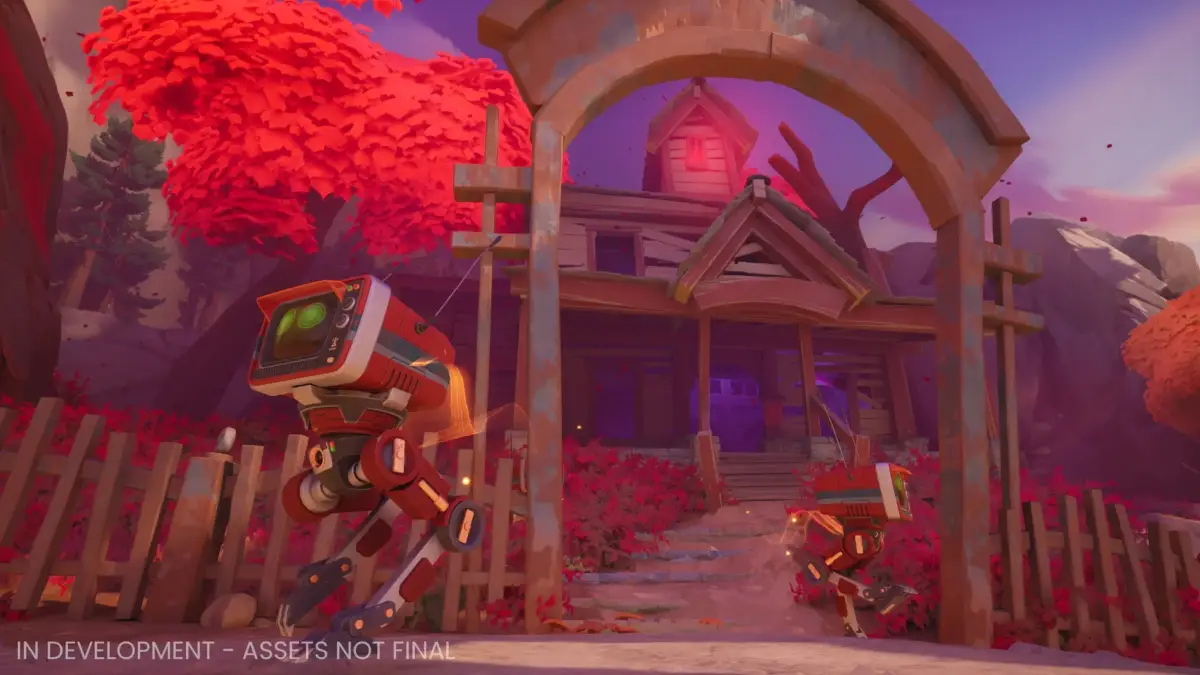 赤い葉の木々が茂る風景に立つ廃屋とテレビ頭のロボット