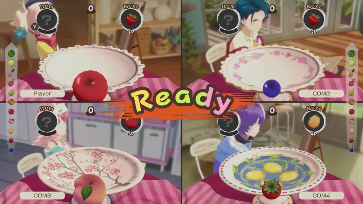 4分割された画面で、4人のキャラクターが各自の皿にフルーツを置いている準備中の様子が描かれています。中央には「Ready」の文字が表示されており、次に置くフルーツやアイテムが示されています。