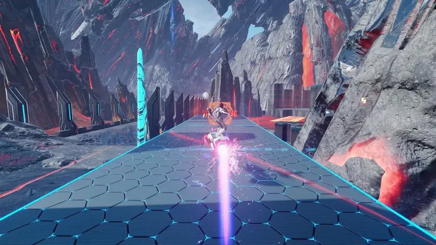 ホバーボードで疾走するキャラクター