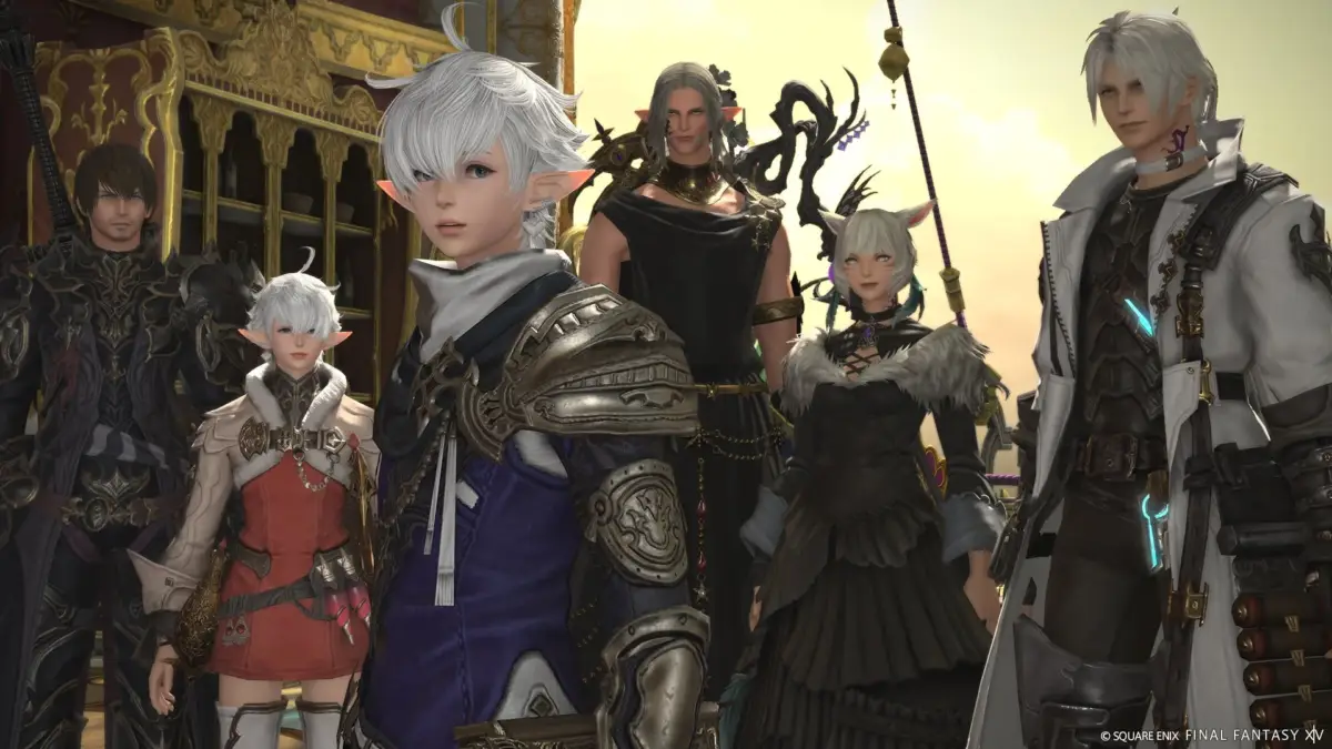 人気RPG「ファイナルファンタジーXIV」の主要キャラクターたちが一堂に会した場面。白髪の少年を中心に、個性的な衣装をまとった仲間たちが並び、物語の一幕を思わせる。
