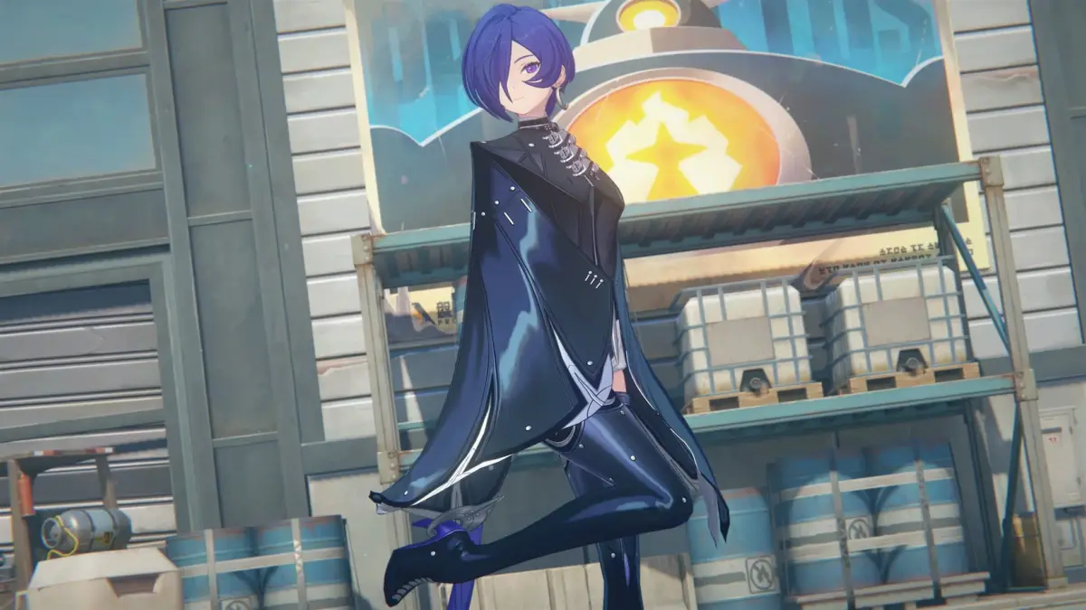 青いショートヘアと紫の瞳を持つアニメ風のキャラクター