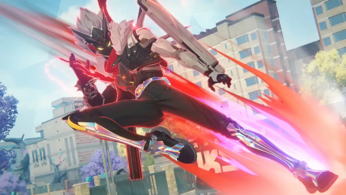 2人のアニメ調のキャラクターが都市を背景に空中を素早く移動しているシーン