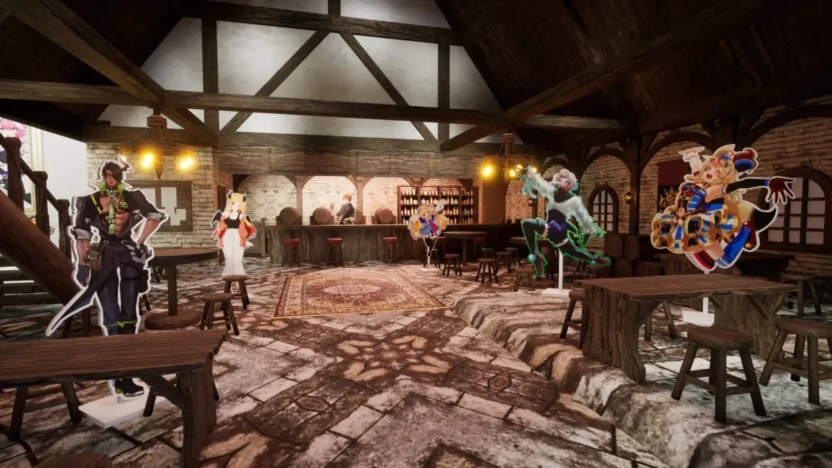 酒場風の会場にキャラクターパネル