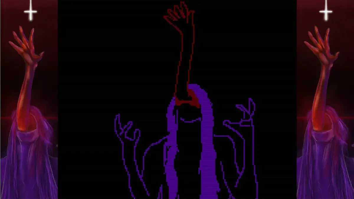 逆十字と手、ピクセルアートの人物