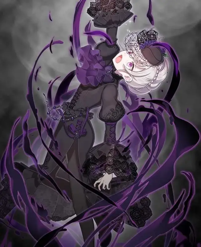 ゴシック調の黒いドレスを身につけた白い髪の少女が、紫色の不気味なオーラに包まれる幻想的なイラスト。神秘的でダークな雰囲気が特徴です。