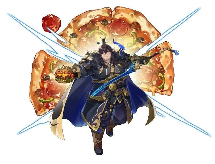 暗いファンタジー風の衣装を着た男性キャラクターが、ハンバーガーと剣を持ち、背後には大きなピザの切れ端とミートボールが描かれたイラスト
