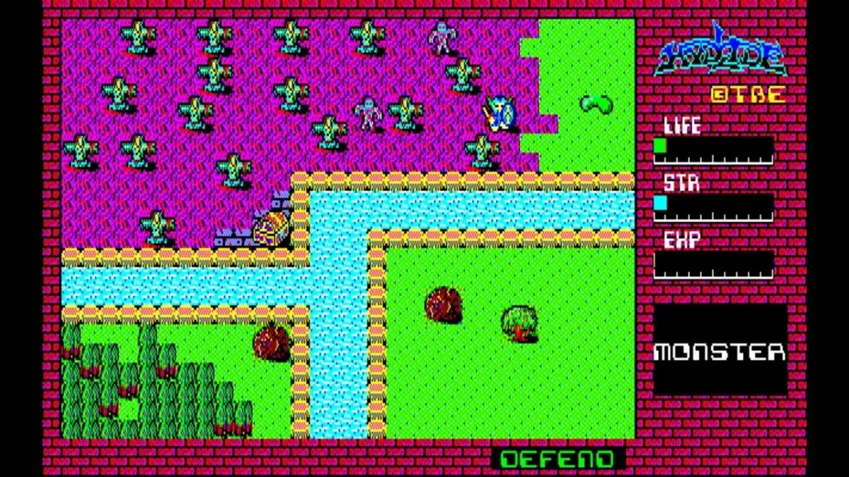 レトロなドット絵で描かれたRPG風ゲーム画面。プレイヤーキャラクターが敵や宝箱、水辺のあるマップを探索しており、画面右にはライフやステータスが表示されています。