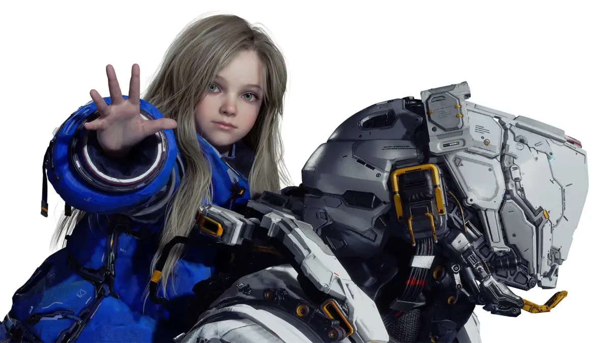 青い未来的なスーツを着た少女が大きなロボットのような機械の隣で手を差し伸べている