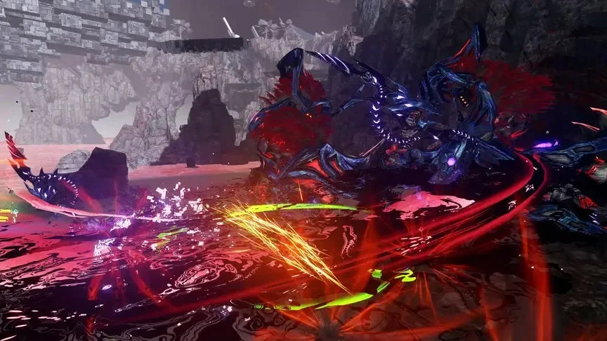 ゲーム、SF、ファンタジー、クリーチャー、モンスター、バトル、アクション、異世界、暗い、神秘的、エフェクト、赤、紫