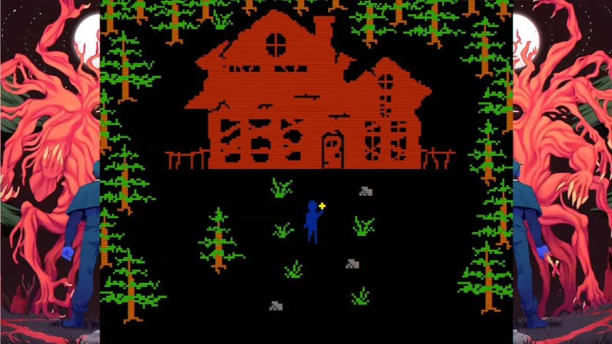 不気味な家と森、モンスターのピクセルアート