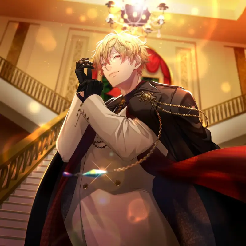 豪華なホールで優雅にポーズをとる男性キャラクター