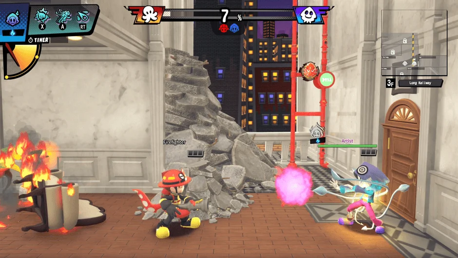 消防士とアーティストが戦うゲーム画面