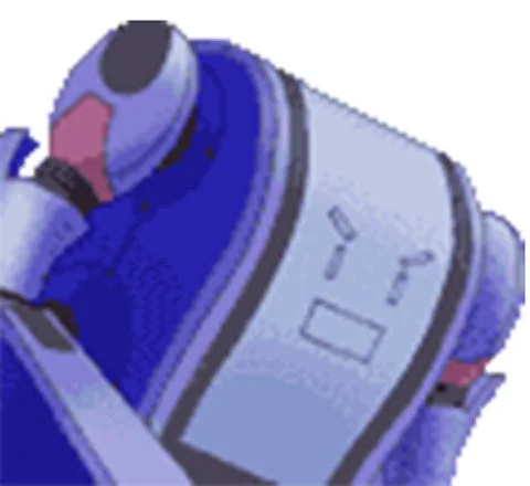 青と紫を基調とした、ずんぐりとした体型のロボットまたはメカのキャラクター