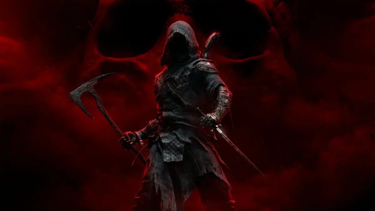 フードをかぶった人物が斧と短剣を持つ