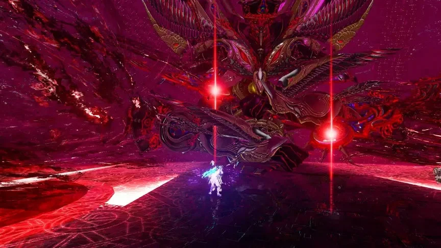 ゲーム、ボス戦、ファンタジー、SF、巨大モンスター、キャラクター、赤色、紫色、光線、戦闘、ダークファンタジー