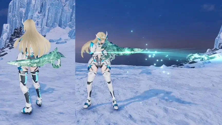 ゲーム、キャラクター、女性、金髪、エルフ耳、氷の武器、雪景色、SF、ファンタジー、アクション、仮想世界、白と青のコスチューム、青い光