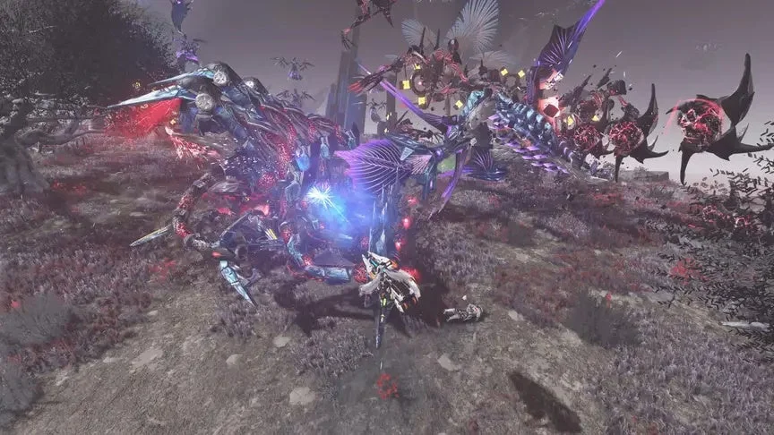 アクションゲーム、ファンタジー、SF、戦闘、モンスター、ボス、キャラクター、魔法、エネルギー、暗い雰囲気