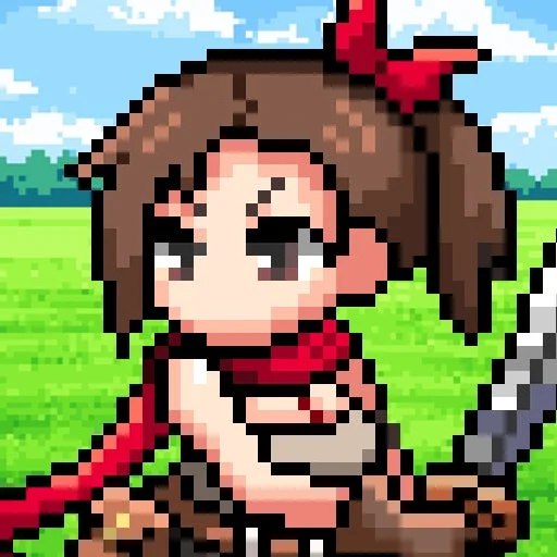 ピクセルアートで描かれた、赤いリボンとスカーフを身につけ、武器を持った少女のキャラクターイラストです。背景は広々とした草原と青空が広がり、ファンタジーRPGのような雰囲気があります。