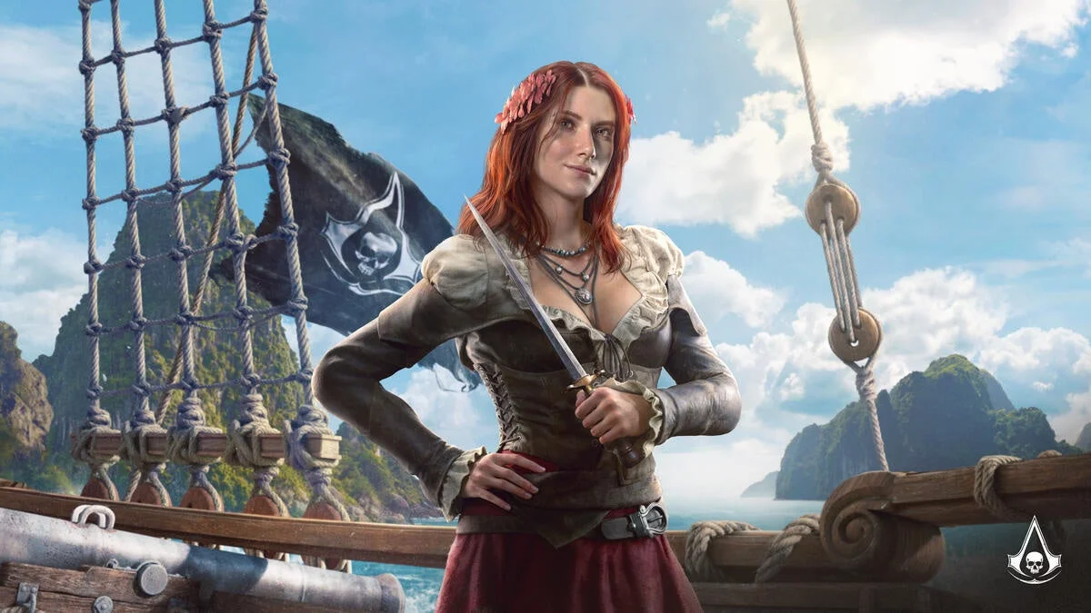 海賊船の甲板に立つ赤毛の女性を描いたイラスト