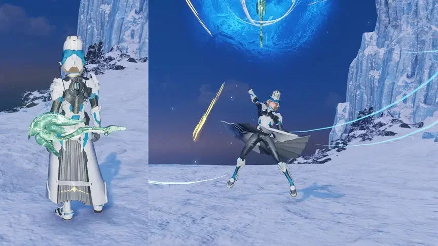 ゲーム、オンラインゲーム、SF、ファンタジー、アクション、キャラクター、雪景色、氷、戦闘、武器、スキル、エフェクト、Phantasy Star Online 2 New Genesis