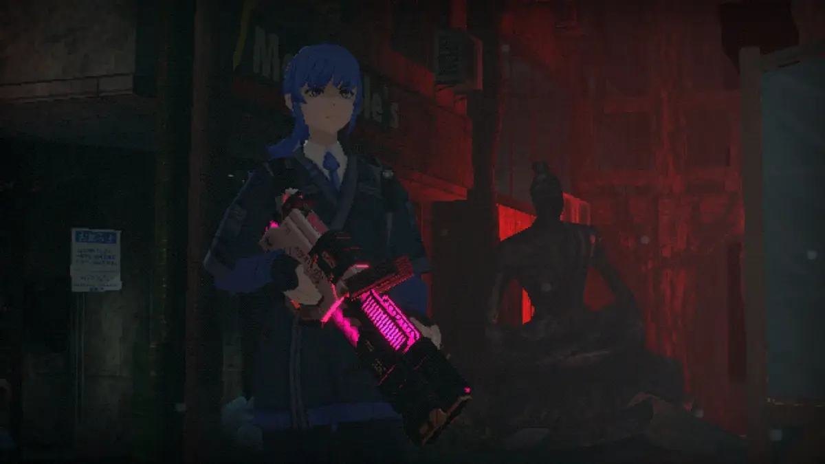 青い髪の少女が発光する未来的な武器を構える