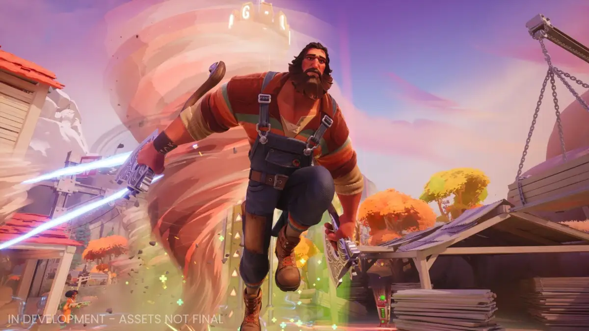 竜巻のようなエネルギーフィールドを背景に武器を持つ男性キャラクター