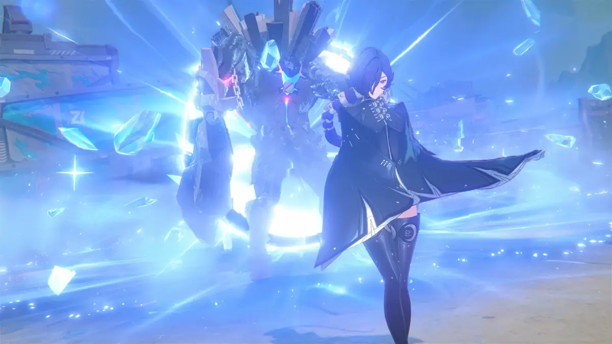 青い光に包まれた幻想的な空間で、黒いコートを着た女性キャラクターが巨大な岩のモンスターと共に立つ、ゲームのような情景