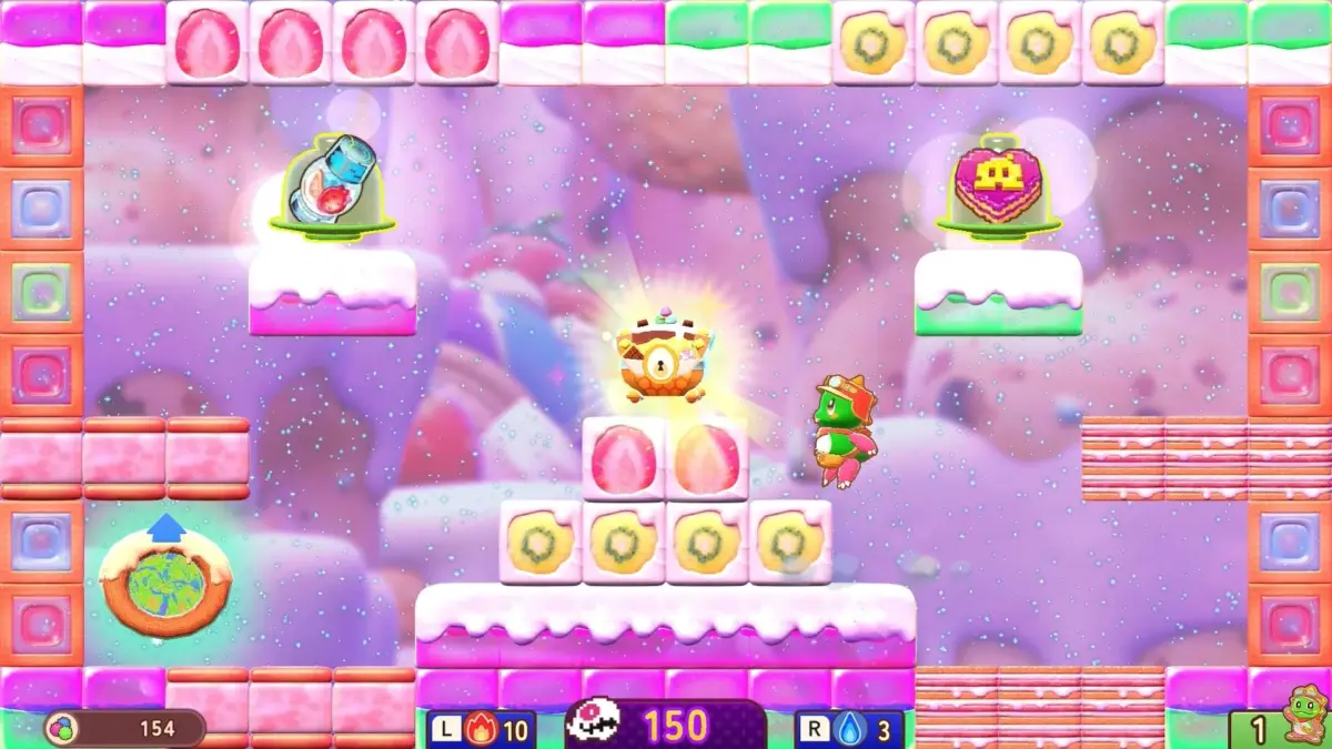 カラフルなキャンディーとフルーツがテーマの2Dパズルプラットフォームゲームの画面です。緑色のキャラクターが、いちごやキウイのブロック、ケーキの足場があるステージで、輝く宝箱やアイテムに囲まれています。UIにはスコアやアイテム数が表示されています。