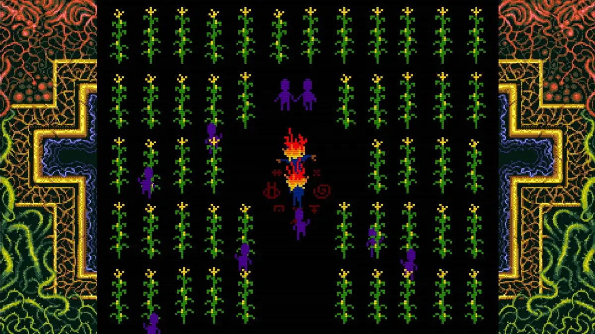 燃える人型と紫色の人型、トウモロコシ畑のピクセルアート