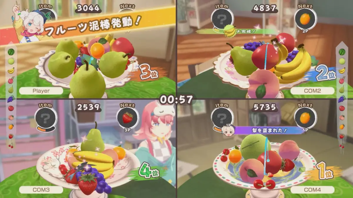フルーツをテーマにした対戦ゲームのプレイ画面です。4分割された画面で、各プレイヤーが様々なフルーツを集めており、スコア、順位、タイマーが表示されています。「フルーツ泥棒」や「梨を盗まれた」といったアイテム使用のメッセージも見られます。