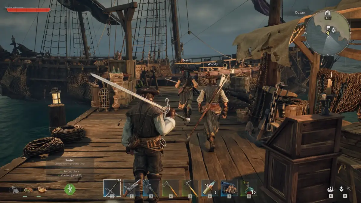 桟橋に立つキャラクターと帆船