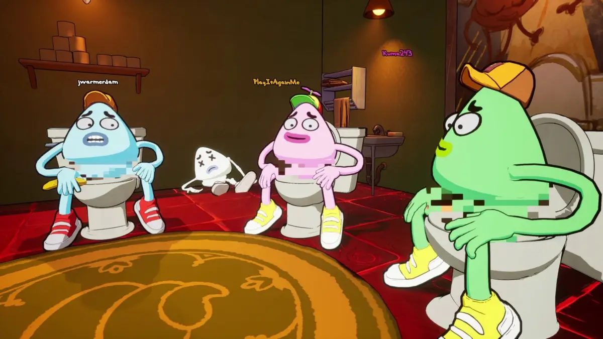 トイレに座る3体の奇妙なカートゥーンキャラクター