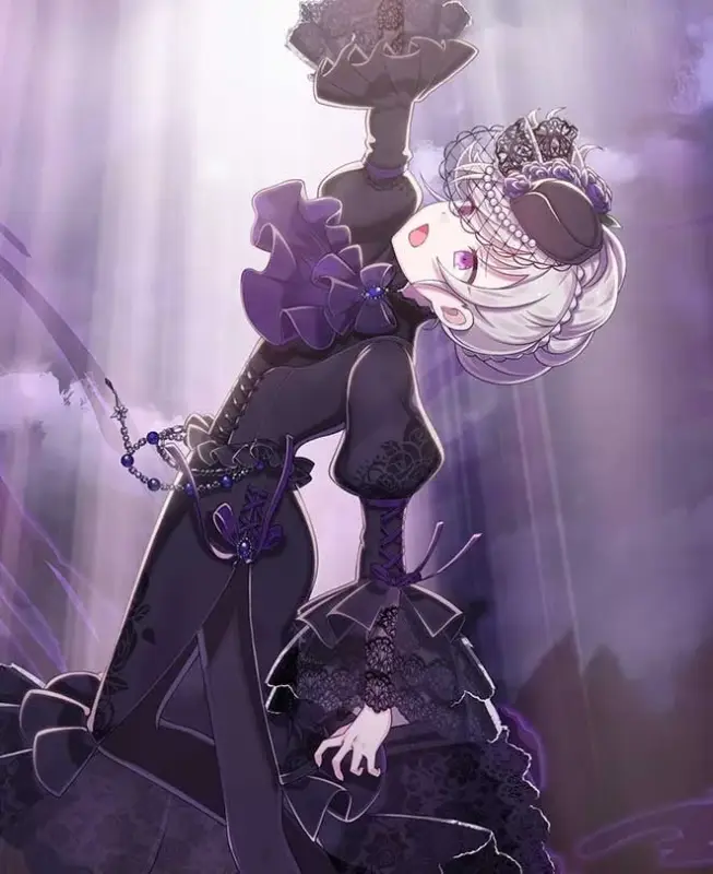 紫色のゴシックドレスを身につけたアニメ風の少女が、ドラマチックな光の中でポーズをとっているイラストです。フリルやレースが特徴的な衣装で、ミステリアスな雰囲気を醸し出しています。