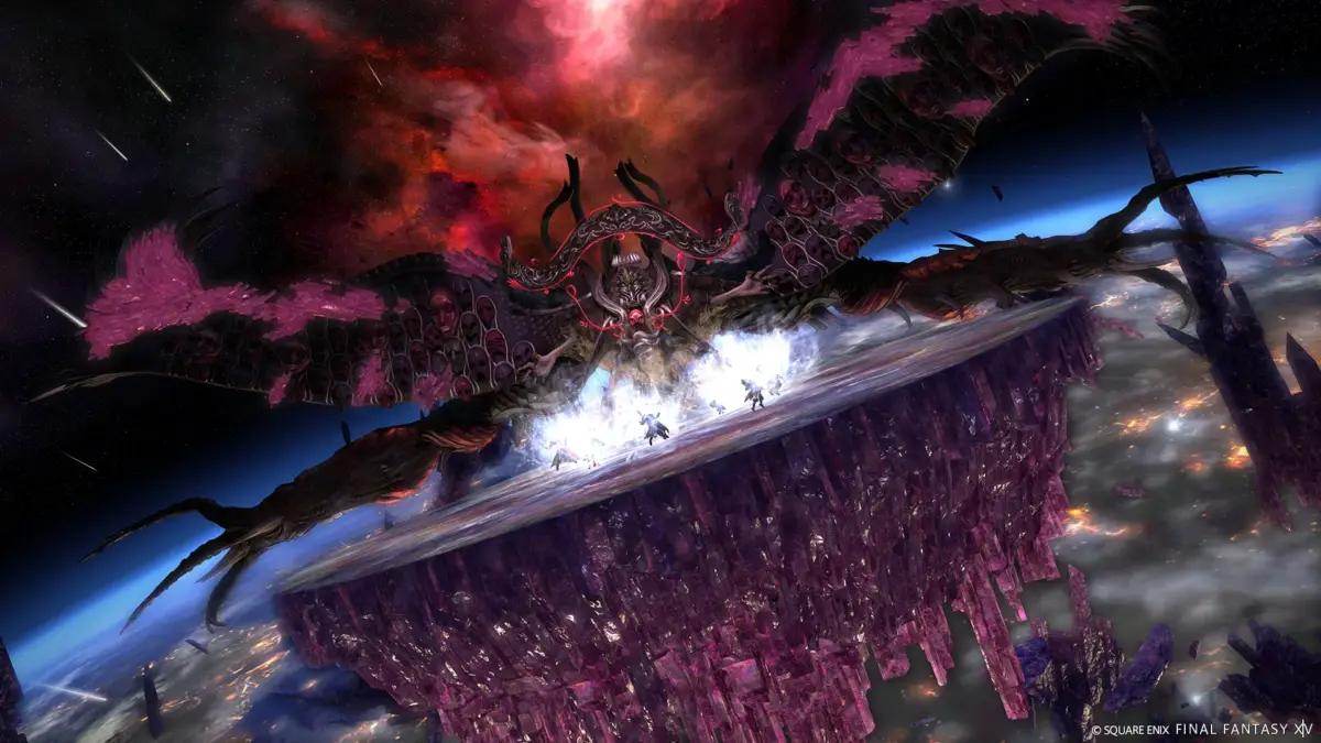 宇宙空間に浮かぶクリスタルの足場の上で、巨大な翼を持つ不気味なモンスターと複数のキャラクターが激しい戦闘を繰り広げている壮大なシーン。