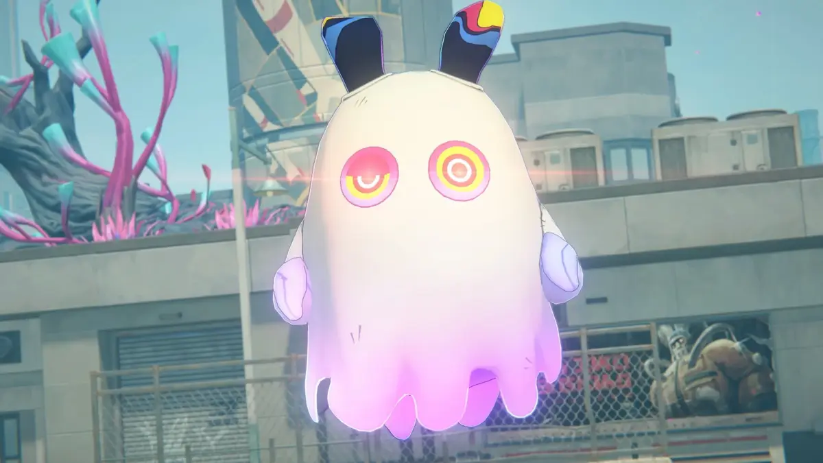 ウサギの耳を持つ白いゴーストのようなキャラクターが未来的な都市空間に浮遊している画像