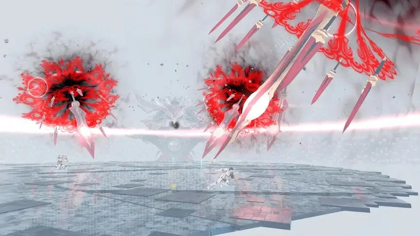 ゲーム、SF、戦闘、ファンタジー、ボス戦、浮遊剣、キャラクター、アリーナ、赤と白、アクション