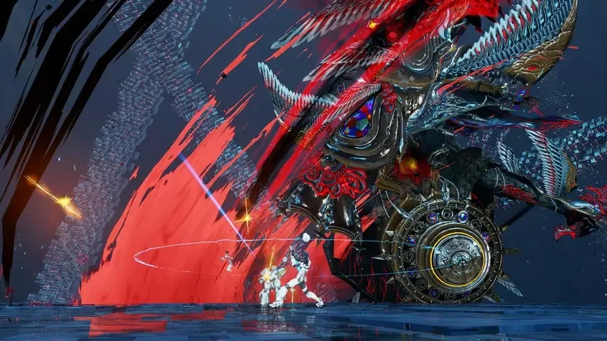 ビデオゲーム、バトル、アクション、ファンタジー、SF、ロボット、巨大ボス、派手なエフェクト、戦闘シーン、異形