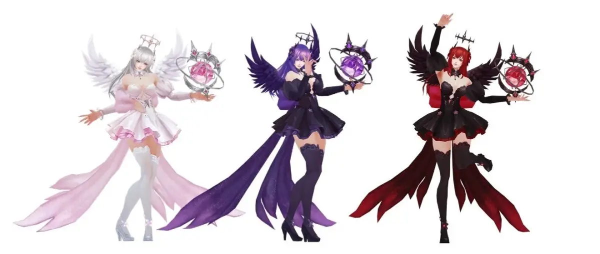 翼とハロを持つ3人のファンタジー風の女性キャラクター