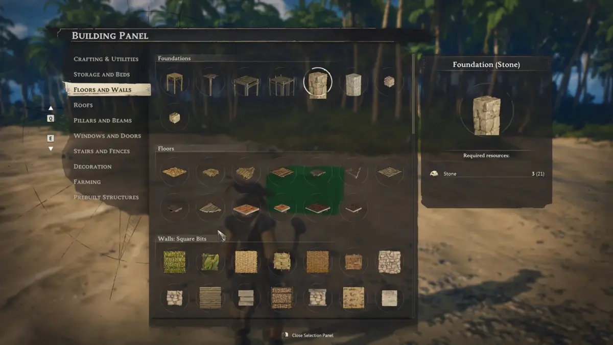 ゲーム画面,UI,建築メニュー,クラフト,建設,土台,床,壁,資源,サバイバルゲーム
