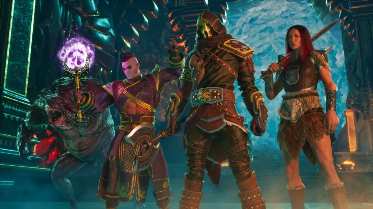 ファンタジーの世界観で、4人のキャラクターが暗い洞窟のような場所でポーズをとっている
