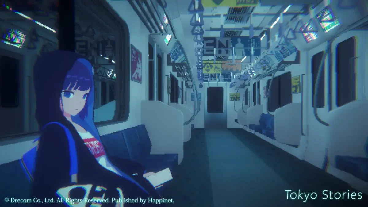 夜の電車内で、フードをかぶった青髪の少女が座っている様子が描かれたピクセルアート風のゲーム画面