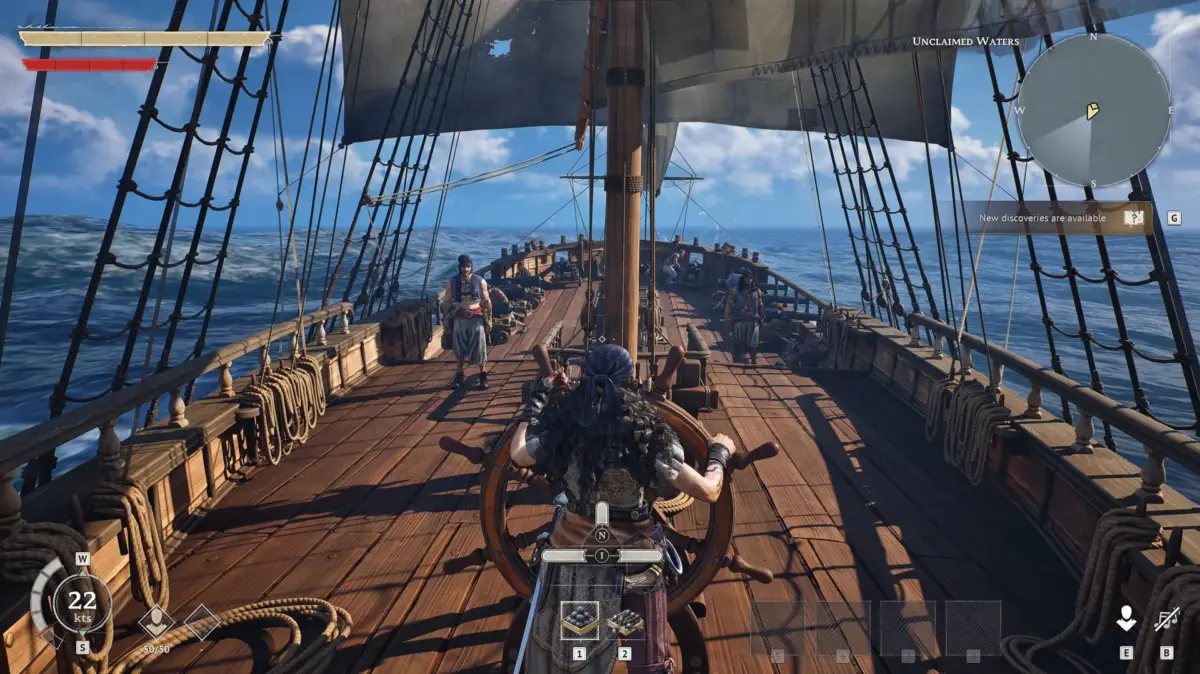 ビデオゲーム,船,海,航海,帆船,ゲーム画面,オープンワールド,海賊,アドベンチャー,操舵,UI,青空,波,甲板,乗組員