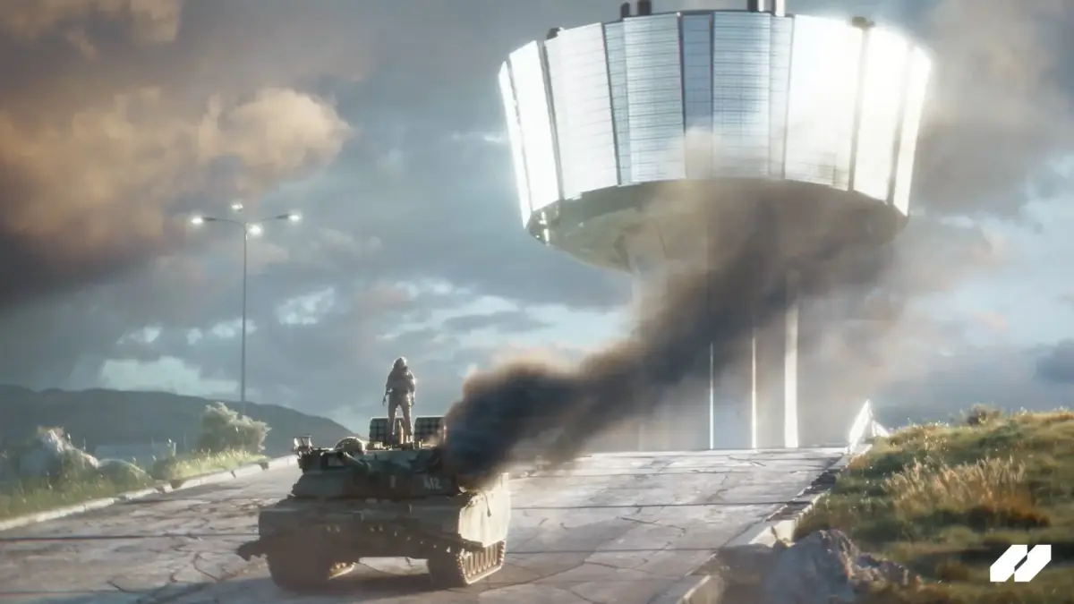兵士と戦車が未来都市に向かう画像